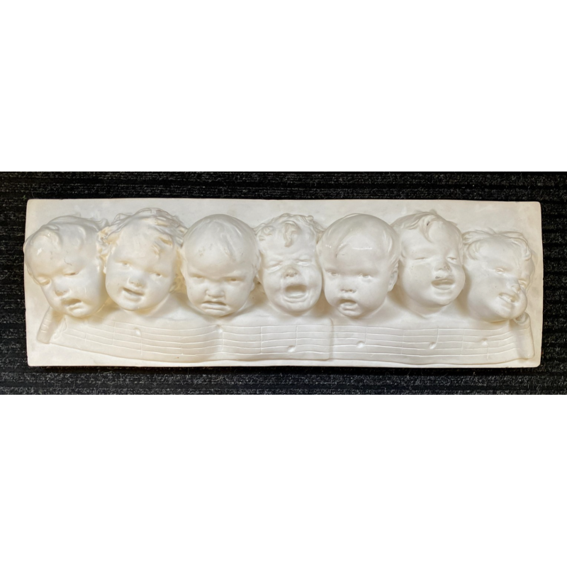 BASSORILIEVO GESSO BIANCO "CHERUBINI MUSICALI" VOLTI PUTTI BIMBI RIGO MUSICALE