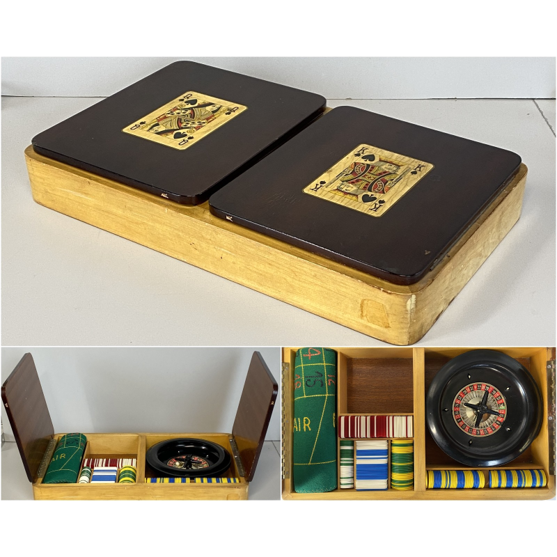 SCATOLA da GIOCO VINTAGE in LEGNO CASINò PORTA CARTE FICHES ROULETTE PANNO GIOCO