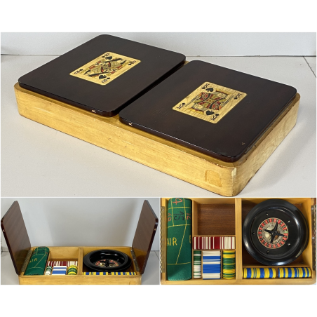 SCATOLA da GIOCO VINTAGE in LEGNO CASINò PORTA CARTE FICHES ROULETTE PANNO GIOCO