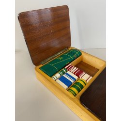 SCATOLA da GIOCO VINTAGE in LEGNO CASINò PORTA CARTE FICHES ROULETTE PANNO GIOCO