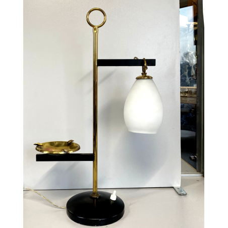 LAMPADA TAVOLO POSACENERE VETRO SATINATO METALLO DORATO NERO STILNOVO VINTAGE 50