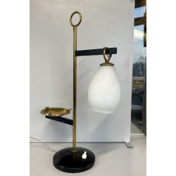 LAMPADA TAVOLO POSACENERE VETRO SATINATO METALLO DORATO NERO STILNOVO VINTAGE 50