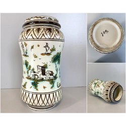 ANTICO VASO ALBARELLO MAIOLICA Levantino SAVONA DECORO FIGURE PAESAGGIO 23,5 cm