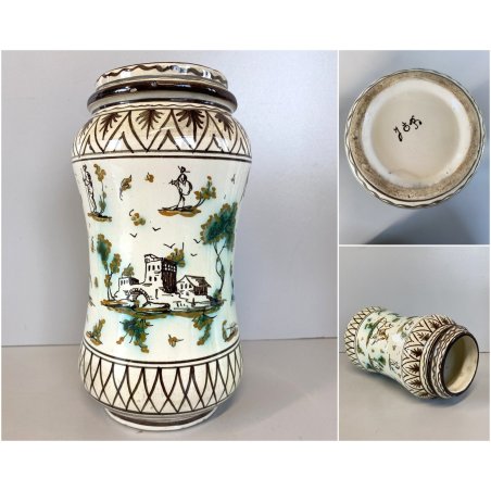 ANTICO VASO ALBARELLO MAIOLICA Levantino SAVONA DECORO FIGURE PAESAGGIO 23,5 cm