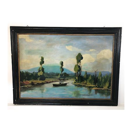 ANTICO GRANDE QUADRO FIUME BARCA OLIO TAVOLA DIPINTO PAESAGGIO ARTE LAGO EPOCA