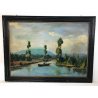 ANTICO GRANDE QUADRO FIUME BARCA OLIO TAVOLA DIPINTO PAESAGGIO ARTE LAGO EPOCA