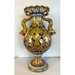 VASO BIANSATO MAIOLICA LUSTRO METALLICO DECORO MOTIVO FOGLIATO PRESE TRITONE