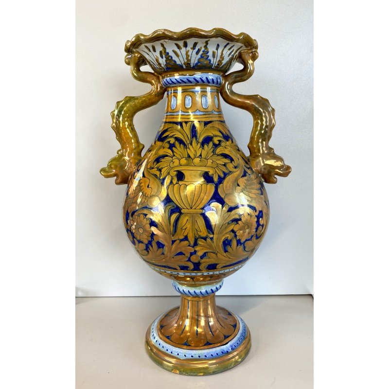 VASO BIANSATO MAIOLICA LUSTRO METALLICO DECORO MOTIVO FOGLIATO PRESE TRITONE