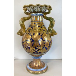 VASO BIANSATO MAIOLICA LUSTRO METALLICO DECORO MOTIVO FOGLIATO PRESE TRITONE