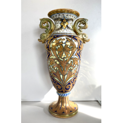 VASO BIANSATO PRESE TRITONE MAIOLICA LUSTRO METALLICO DECORO MOTIVO FOGLIATO '50