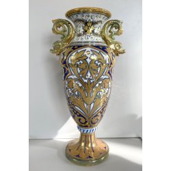 VASO BIANSATO PRESE TRITONE MAIOLICA LUSTRO METALLICO DECORO MOTIVO FOGLIATO '50