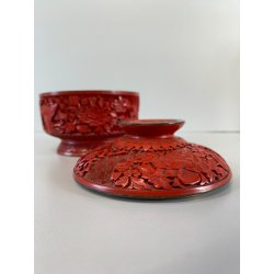 SCATOLA CINESE LACCA CINABRO ROSSO INTAGLIATO INTERNO SMALTO BLU DECORO FLOREALE