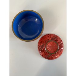 SCATOLA CINESE LACCA CINABRO ROSSO INTAGLIATO INTERNO SMALTO BLU DECORO FLOREALE