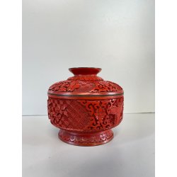 SCATOLA CINESE LACCA CINABRO ROSSO INTAGLIATO INTERNO SMALTO BLU DECORO FLOREALE