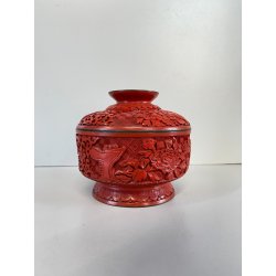 SCATOLA CINESE LACCA CINABRO ROSSO INTAGLIATO INTERNO SMALTO BLU DECORO FLOREALE