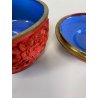 SCATOLA CINESE LACCA CINABRO ROSSO INTAGLIATO INTERNO SMALTO BLU DECORO FLOREALE