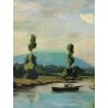 ANTICO GRANDE QUADRO FIUME BARCA OLIO TAVOLA DIPINTO PAESAGGIO ARTE LAGO EPOCA