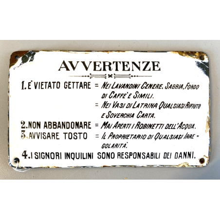 TARGA INSEGNA PLACCA LAMINA METALLO SMALTATO BIANCO NERO 13 x 22 cm ANNI '20