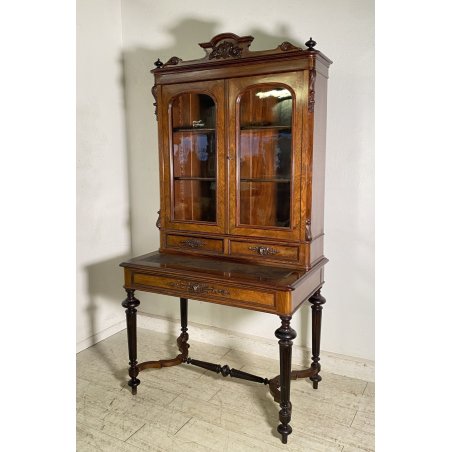 ANTICA CREDENZA SCRITTOIO LEGNO RADICA PRIMI 900 VETRINA CARLO X CRISTALLERIA