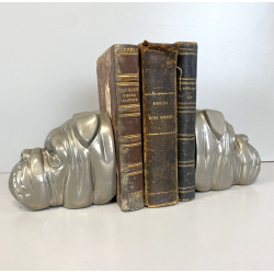 COPPIA CANE FERMA LIBRI METALLO ARGENTATO SCULTURA BOOKEND DOG HEAD SCULPTURE