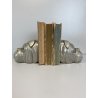 COPPIA CANE FERMA LIBRI METALLO ARGENTATO SCULTURA BOOKEND DOG HEAD SCULPTURE