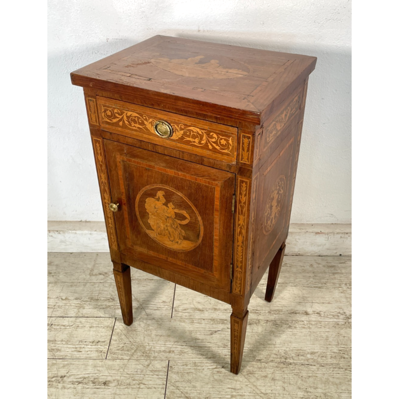 ANTICO COMODINO INTARSIATO LEGNO STILE LUIGI XV epoca '900 CASSETTO ANTA RIPIANO