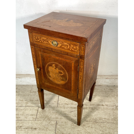 ANTICO COMODINO INTARSIATO LEGNO STILE LUIGI XV epoca '900 CASSETTO ANTA RIPIANO