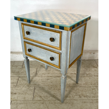 COMODINO LEGNO DIPINTO SCACCHI AZZURRO ORO 2 CASSETTI GIOCO APOCA '900 VETRO