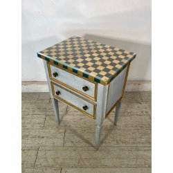 COMODINO LEGNO DIPINTO SCACCHI AZZURRO ORO 2 CASSETTI GIOCO APOCA '900 VETRO