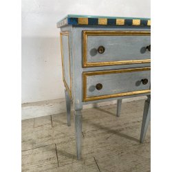 COMODINO LEGNO DIPINTO SCACCHI AZZURRO ORO 2 CASSETTI GIOCO APOCA '900 VETRO