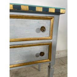 COMODINO LEGNO DIPINTO SCACCHI AZZURRO ORO 2 CASSETTI GIOCO APOCA '900 VETRO