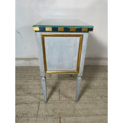 COMODINO LEGNO DIPINTO SCACCHI AZZURRO ORO 2 CASSETTI GIOCO APOCA '900 VETRO