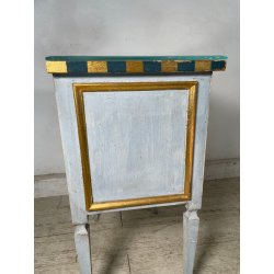 COMODINO LEGNO DIPINTO SCACCHI AZZURRO ORO 2 CASSETTI GIOCO APOCA '900 VETRO