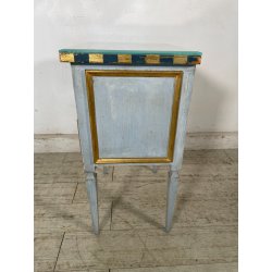 COMODINO LEGNO DIPINTO SCACCHI AZZURRO ORO 2 CASSETTI GIOCO APOCA '900 VETRO