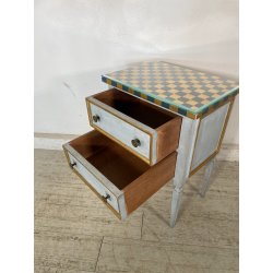 COMODINO LEGNO DIPINTO SCACCHI AZZURRO ORO 2 CASSETTI GIOCO APOCA '900 VETRO