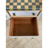 COMODINO LEGNO DIPINTO SCACCHI AZZURRO ORO 2 CASSETTI GIOCO APOCA '900 VETRO