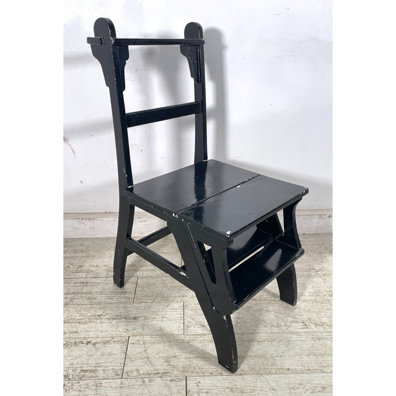 ANTICA SEDIA SCALA SCALETTA LEGNO DIPINTA NERA LIBRERIA UFFICIO SGABELLO 1900