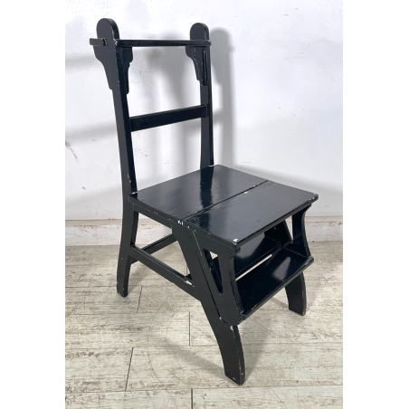 ANTICA SEDIA SCALA SCALETTA LEGNO DIPINTA NERA LIBRERIA UFFICIO SGABELLO 1900