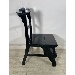 ANTICA SEDIA SCALA SCALETTA LEGNO DIPINTA NERA LIBRERIA UFFICIO SGABELLO 1900