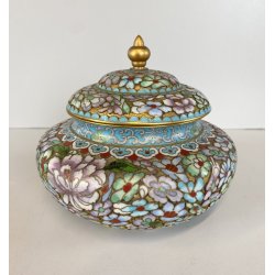 VASO COPERCHIO CINESE CLOISONNE SMALTO POLICROMO INTERNO BLU DECORO FLOREALE