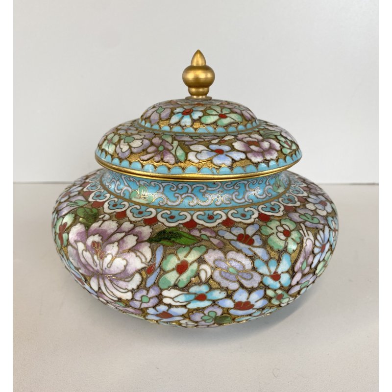VASO COPERCHIO CINESE CLOISONNE SMALTO POLICROMO INTERNO BLU DECORO FLOREALE