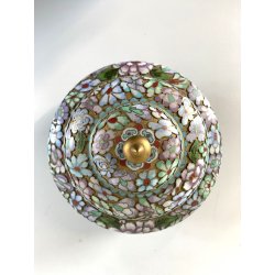 VASO COPERCHIO CINESE CLOISONNE SMALTO POLICROMO INTERNO BLU DECORO FLOREALE