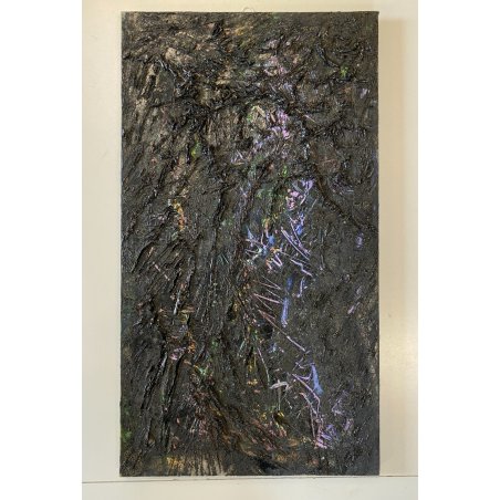 DIPINTO ASTRATTO OLIO TELA Firpo Angioletta "DUE VOLTI DELL' EROE" 50x90 cm 1989