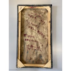 DIPINTO ASTRATTO OLIO TELA Firpo Angioletta "DUE VOLTI DELL' EROE" 50x90 cm 1989
