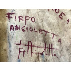 DIPINTO ASTRATTO OLIO TELA Firpo Angioletta "DUE VOLTI DELL' EROE" 50x90 cm 1989