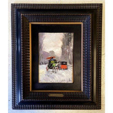 ANTICO QUADRO DIPINTO OLIO G. SOLENGHI PAESAGGIO INVERNALE CARROZZA NEVE MILANO