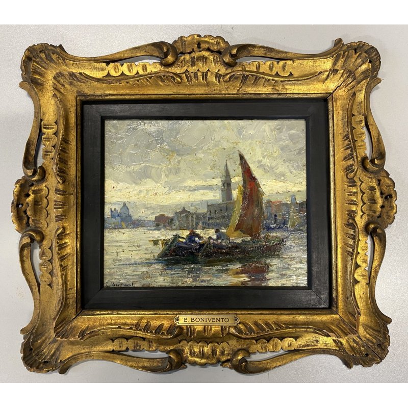 ANTICO QUADRO DIPINTO OLIO TAVOLA E. Bonivento BARCHE da PESCA S. MARCO VENEZIA