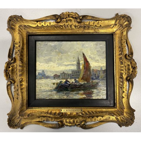 ANTICO QUADRO DIPINTO OLIO TAVOLA E. Bonivento BARCHE da PESCA S. MARCO VENEZIA