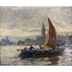 ANTICO QUADRO DIPINTO OLIO TAVOLA E. Bonivento BARCHE da PESCA S. MARCO VENEZIA