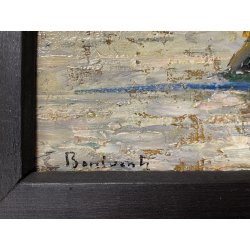 ANTICO QUADRO DIPINTO OLIO TAVOLA E. Bonivento BARCHE da PESCA S. MARCO VENEZIA